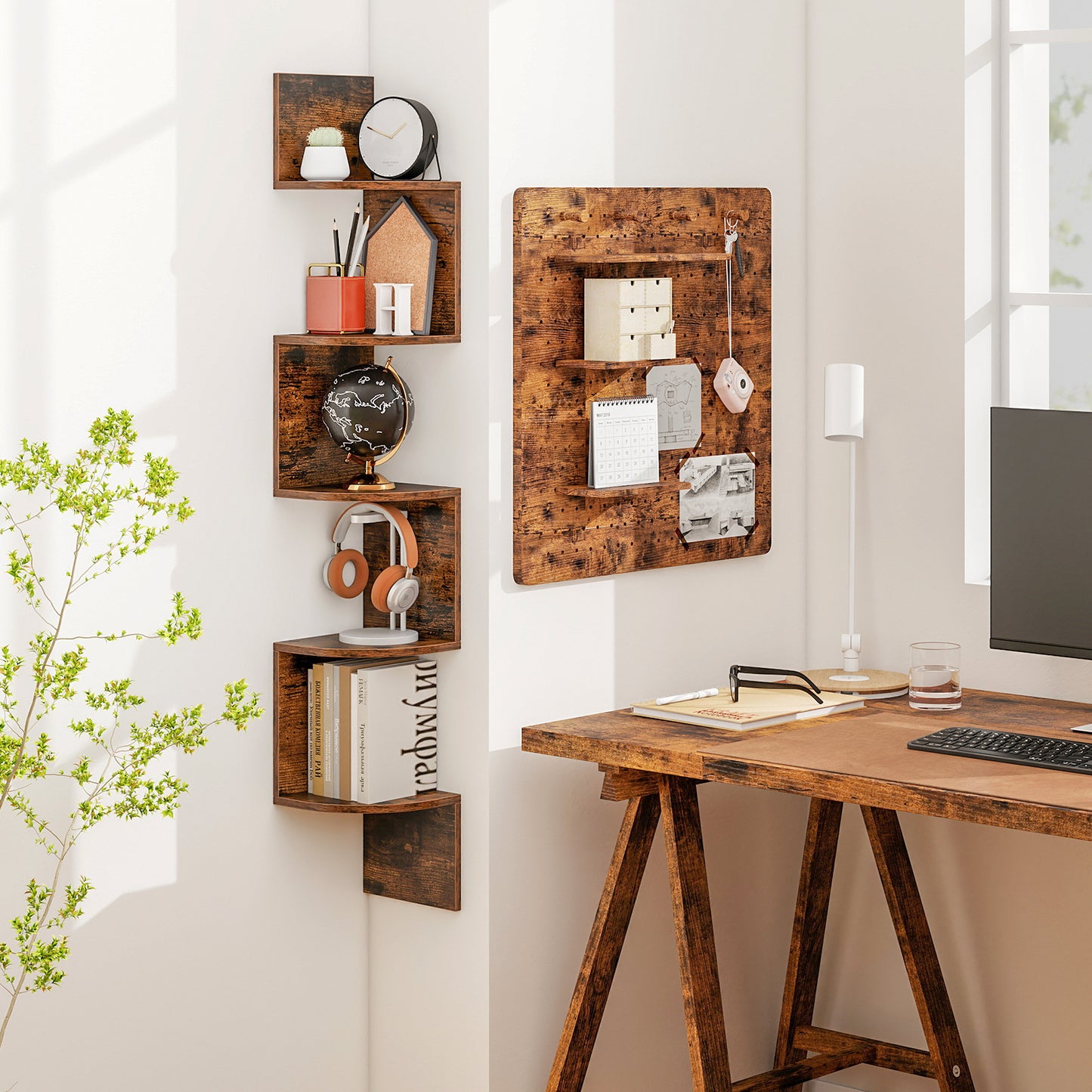 Set of 2 5-Tier Corner Shelf Wall Mount Floating Corner Bookshelf Corner Ladder Shelf-Rustic Brown