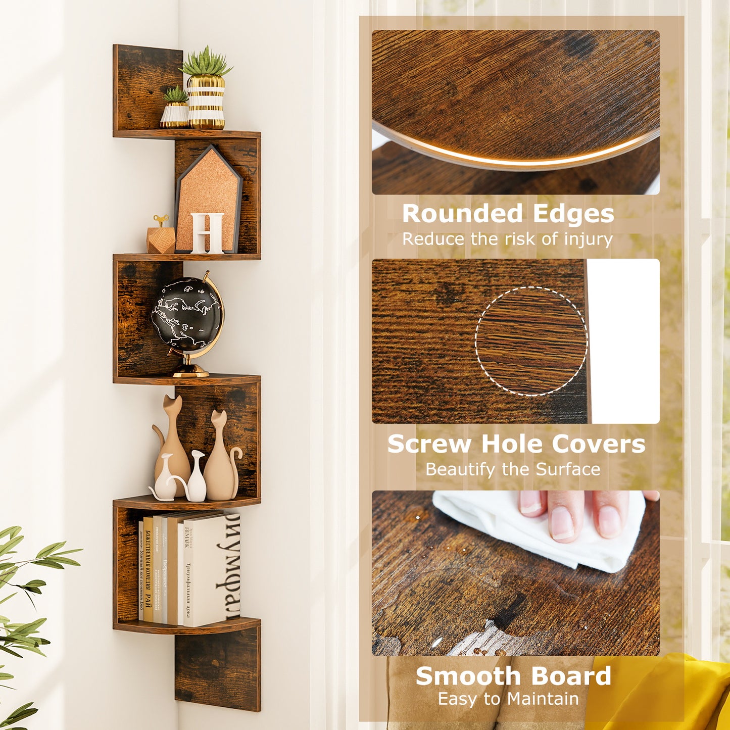 Set of 2 5-Tier Corner Shelf Wall Mount Floating Corner Bookshelf Corner Ladder Shelf-Rustic Brown