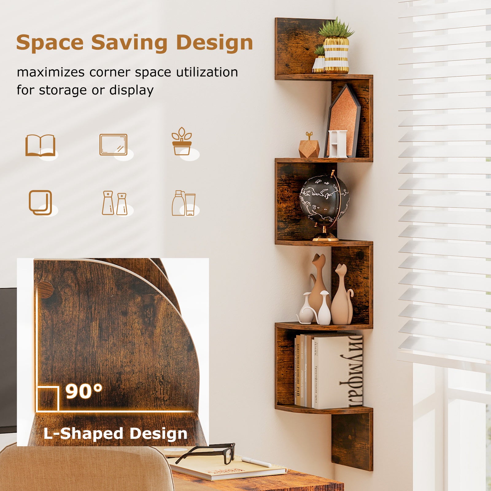 Set of 2 5-Tier Corner Shelf Wall Mount Floating Corner Bookshelf Corner Ladder Shelf-Rustic Brown