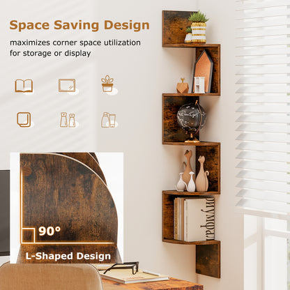Set of 2 5-Tier Corner Shelf Wall Mount Floating Corner Bookshelf Corner Ladder Shelf-Rustic Brown