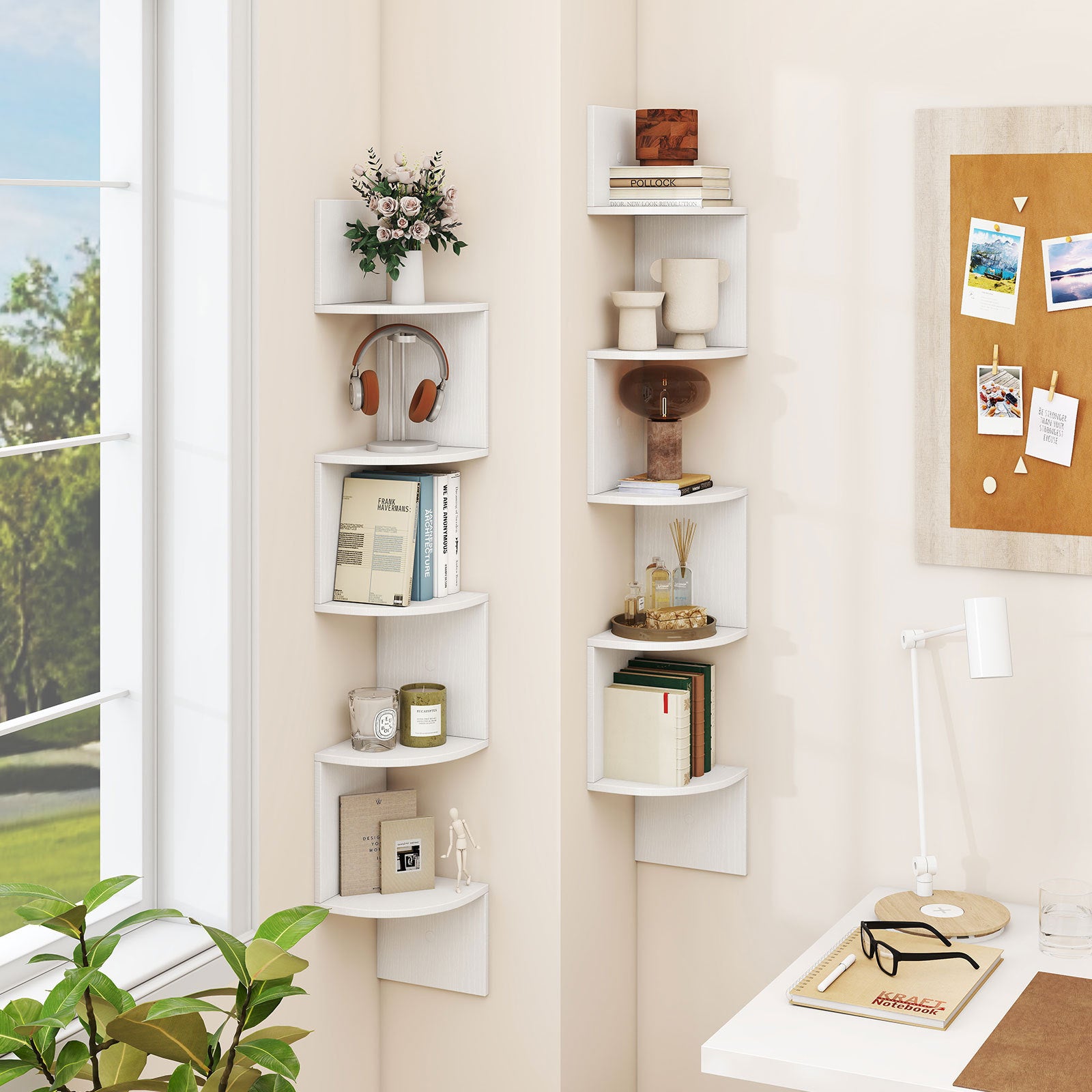 Set of 2 5-Tier Corner Shelf Wall Mount Floating Corner Bookshelf Corner Ladder Shelf-White