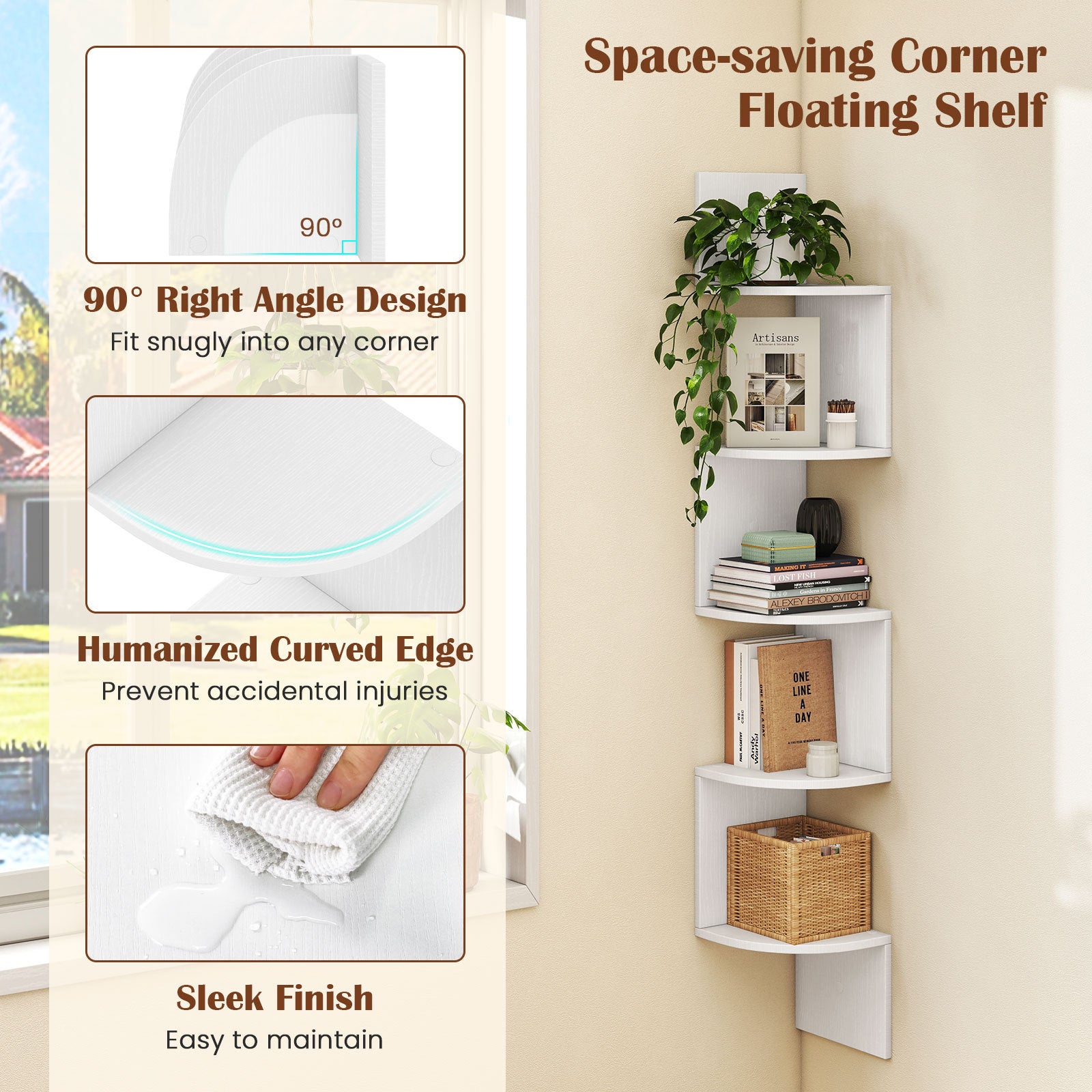 Set of 2 5-Tier Corner Shelf Wall Mount Floating Corner Bookshelf Corner Ladder Shelf-White