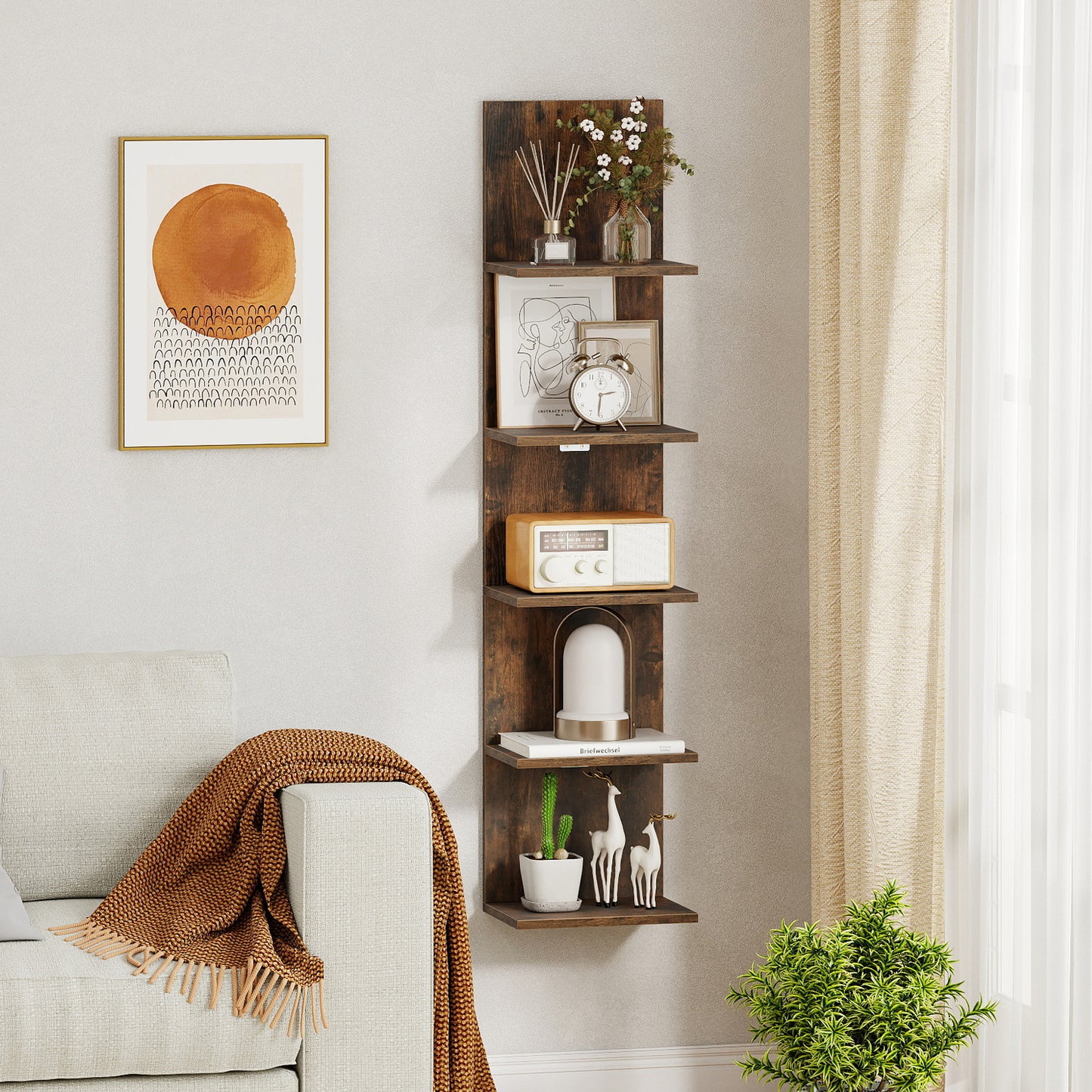 Set of 2 5-Tier Wall Shelves Vertical Floating Storage Shelf Unit-Rustic Brown
