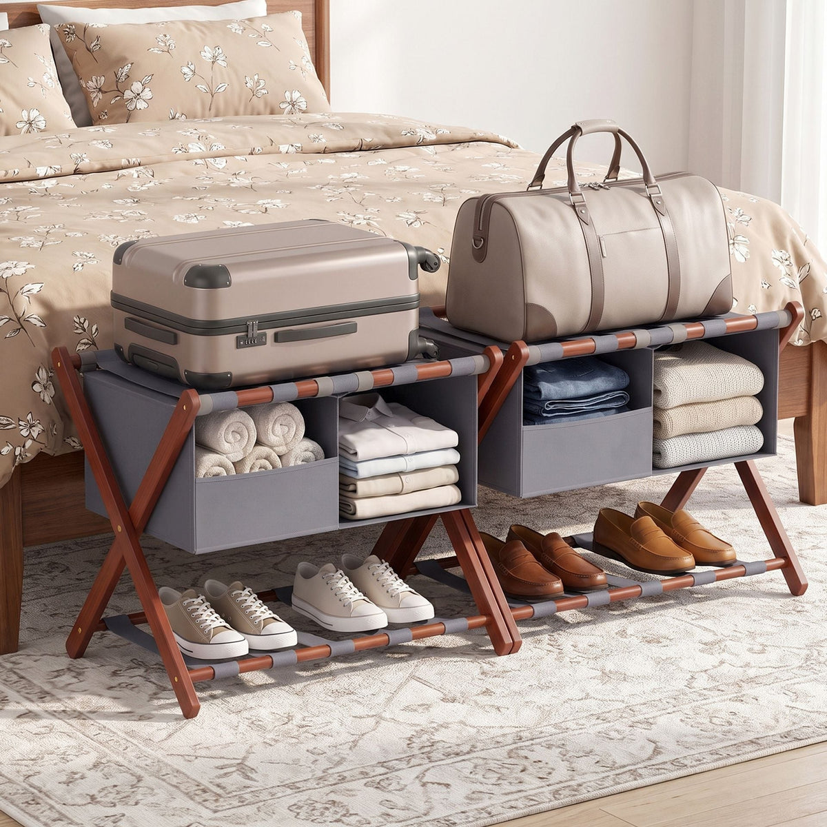 Set of 2 68 cm Foldable Bamboo Luggage Rack with Storage Bags-Rustic Brown