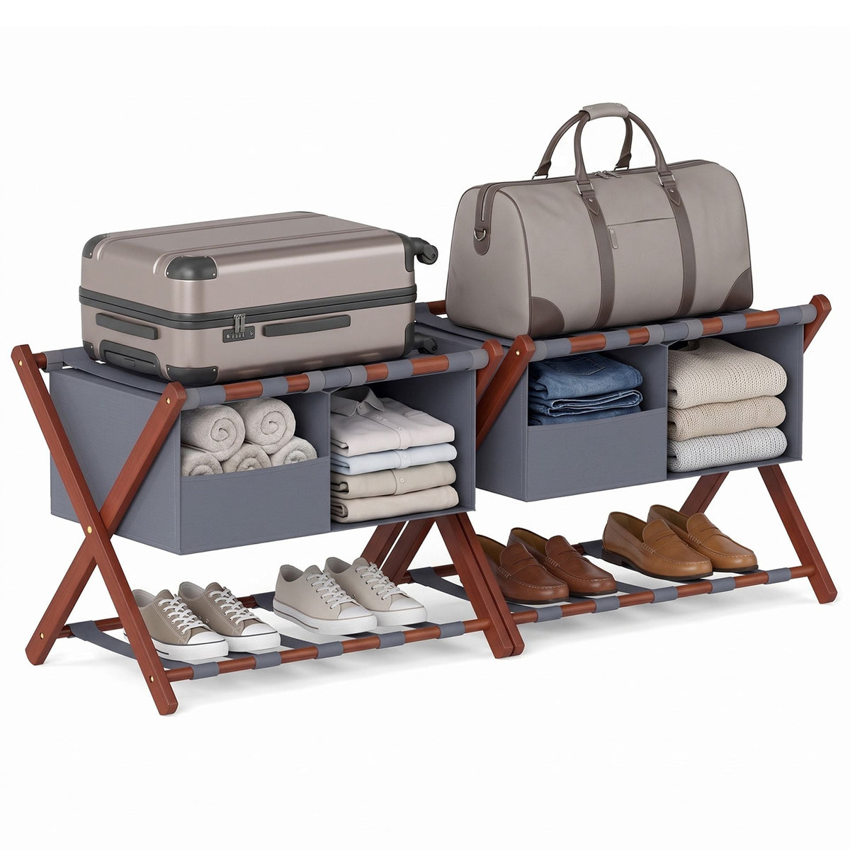 Set of 2 68 cm Foldable Bamboo Luggage Rack with Storage Bags-Rustic Brown