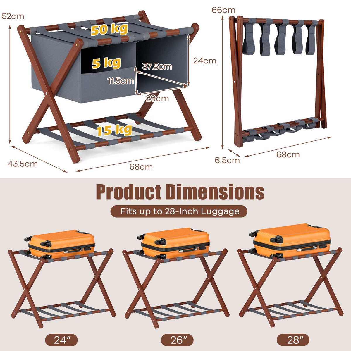 Set of 2 68 cm Foldable Bamboo Luggage Rack with Storage Bags-Rustic Brown