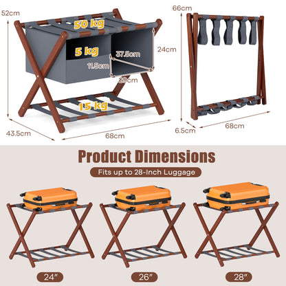 Set of 2 68 cm Foldable Bamboo Luggage Rack with Storage Bags-Rustic Brown
