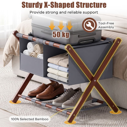 Set of 2 68 cm Foldable Bamboo Luggage Rack with Storage Bags-Rustic Brown