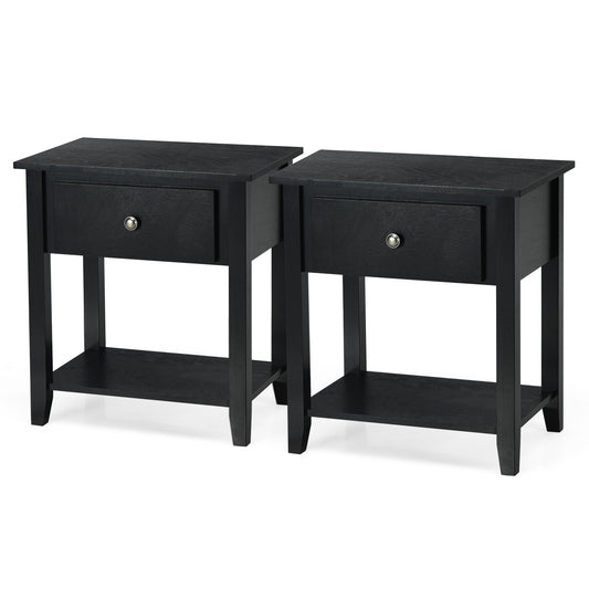 Set of 2 Accent Table Narrow Side End Table with 1 Drawer and Open Storage Shelf-Black