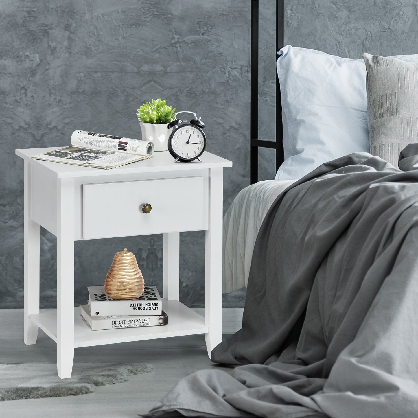 Set of 2 Accent Table Narrow Side End Table with 1 Drawer and Open Storage Shelf-White
