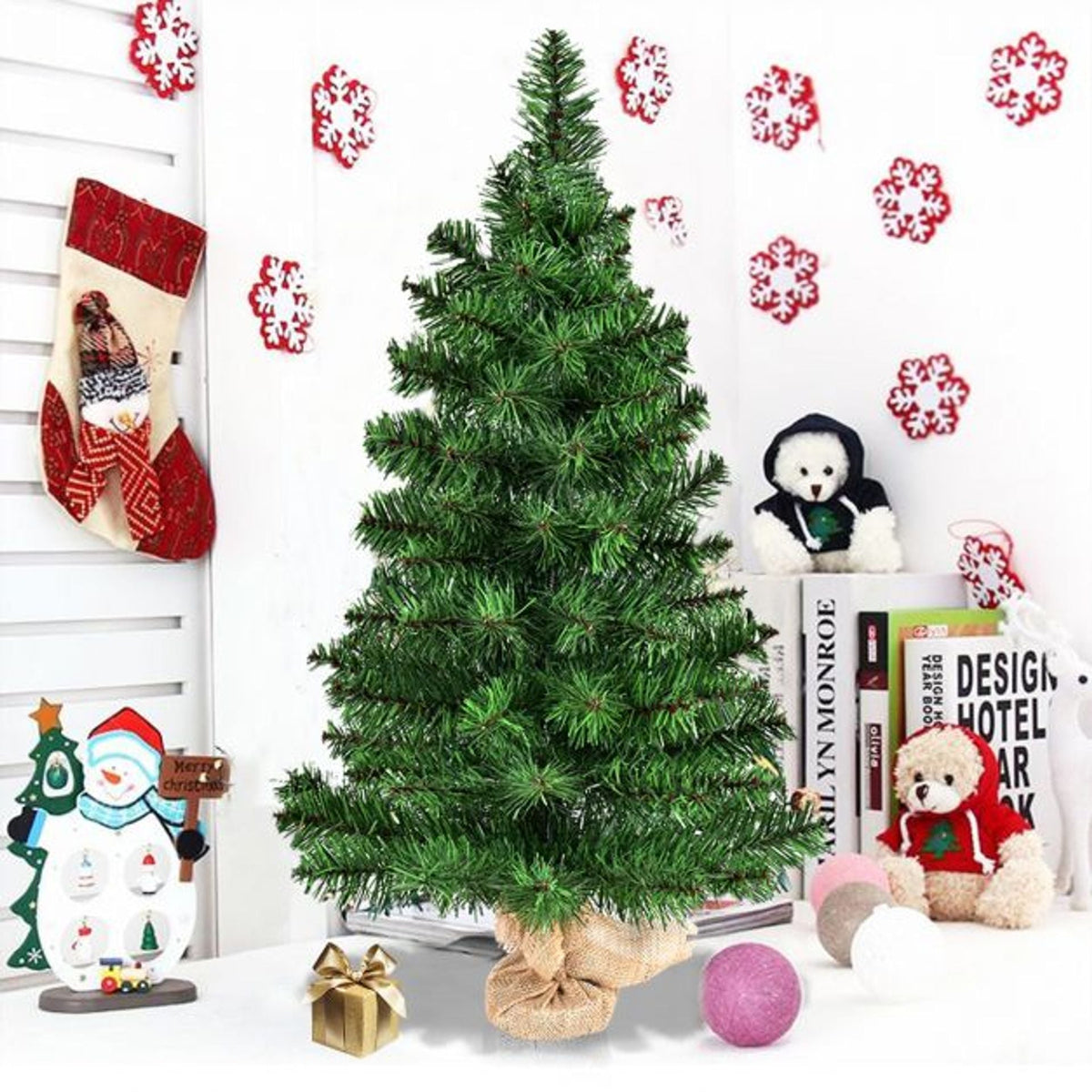 Set of 2 Artificial Table Top Christmas Tree with Burlap Base