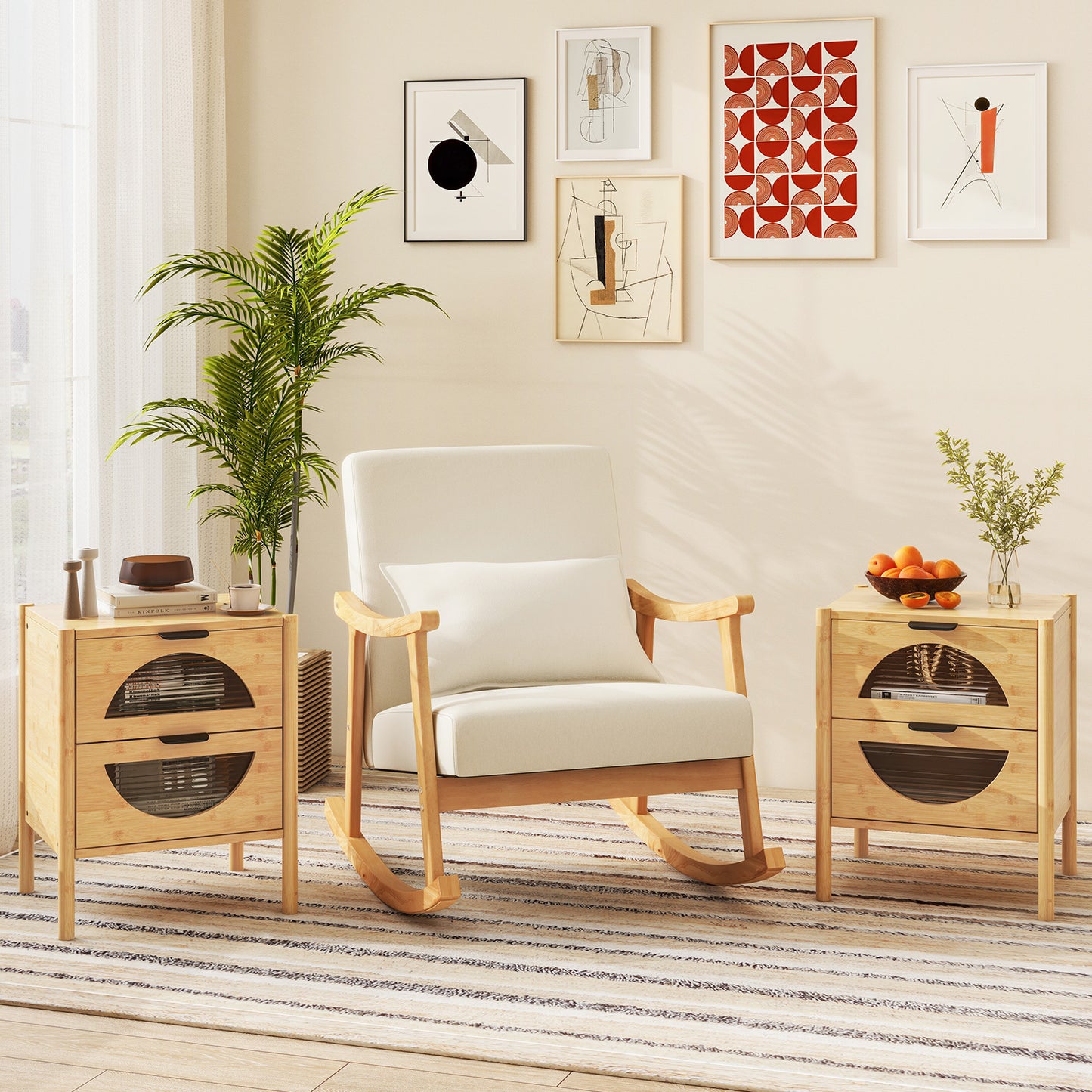 Set of 2 Bamboo Nightstand Mid-century Modern Bedside Table with 2 Storage Drawers-Natural