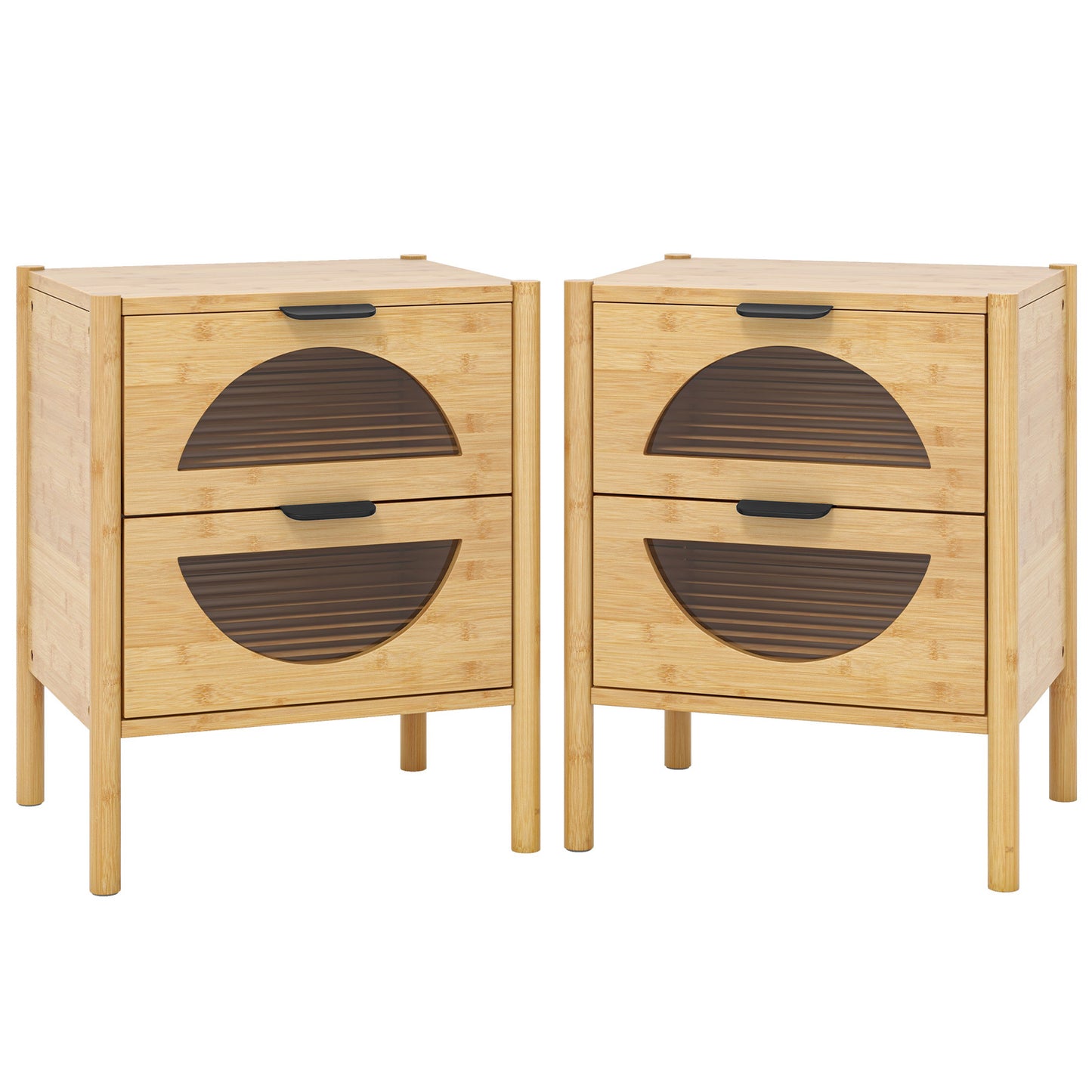Set of 2 Bamboo Nightstand Mid-century Modern Bedside Table with 2 Storage Drawers-Natural