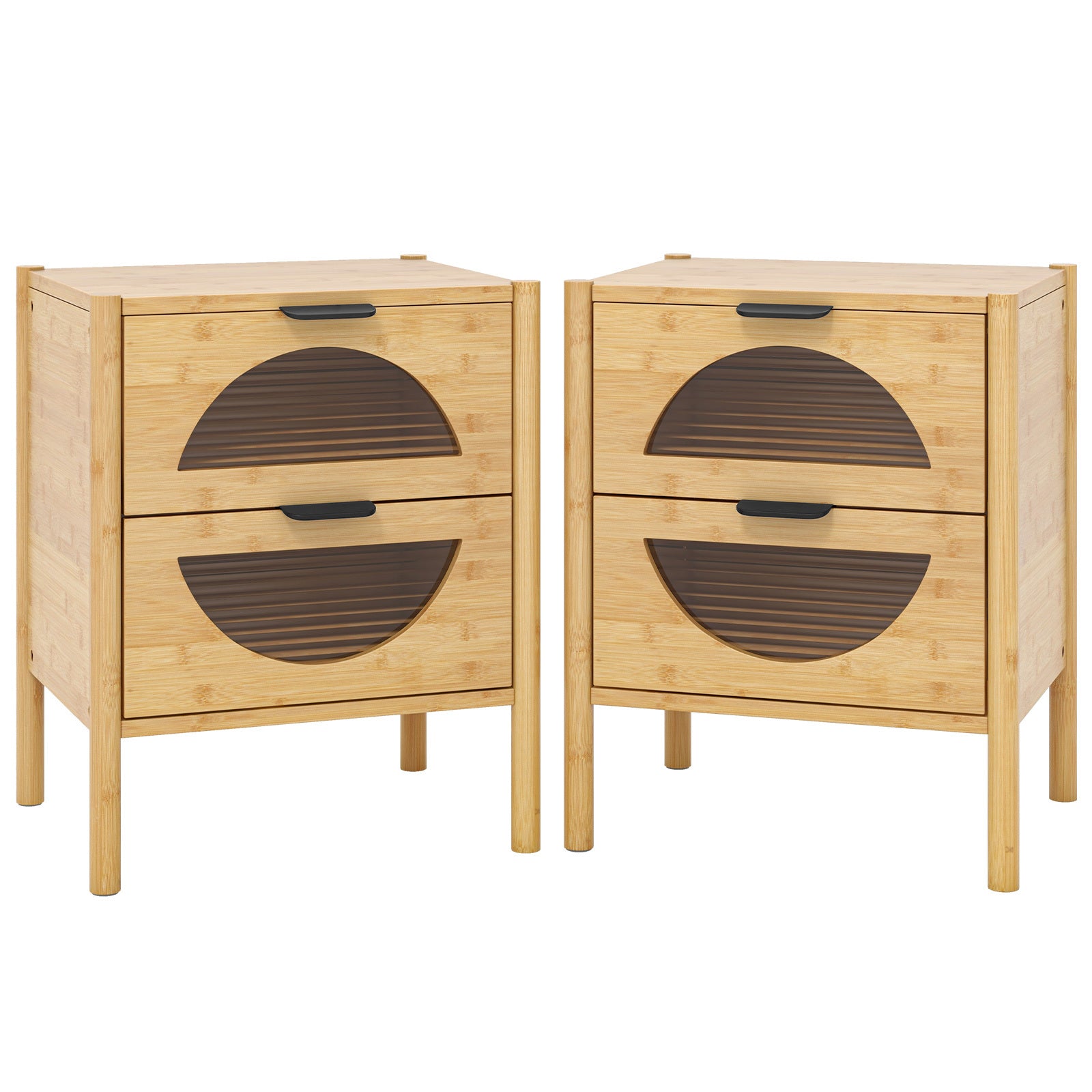 Set of 2 Bamboo Nightstand Mid-century Modern Bedside Table with 2 Storage Drawers-Natural