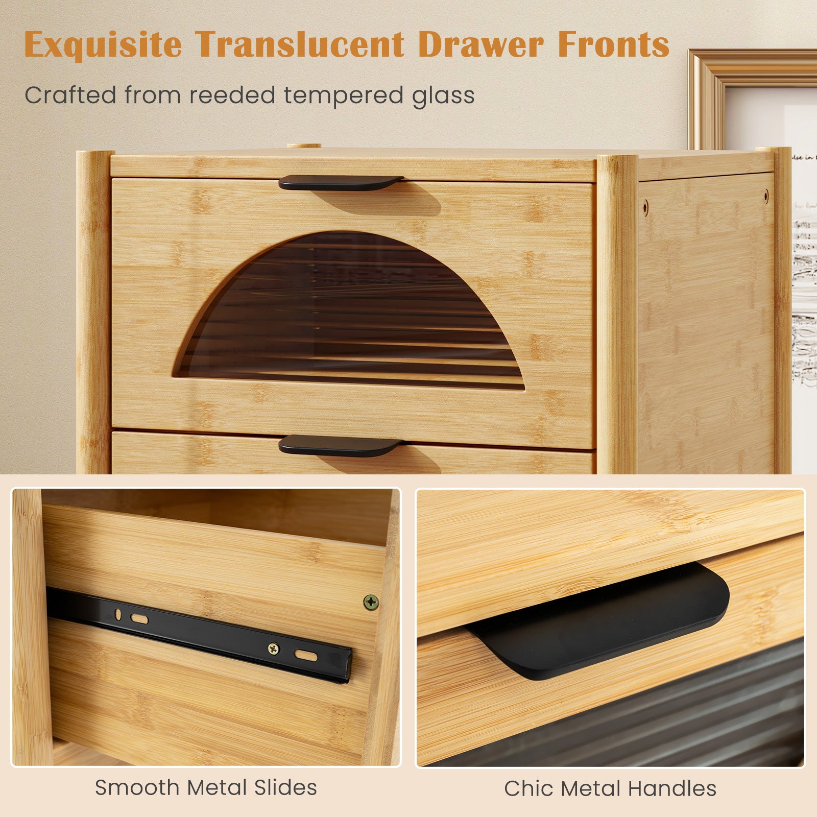 Set of 2 Bamboo Nightstand Mid-century Modern Bedside Table with 2 Storage Drawers-Natural