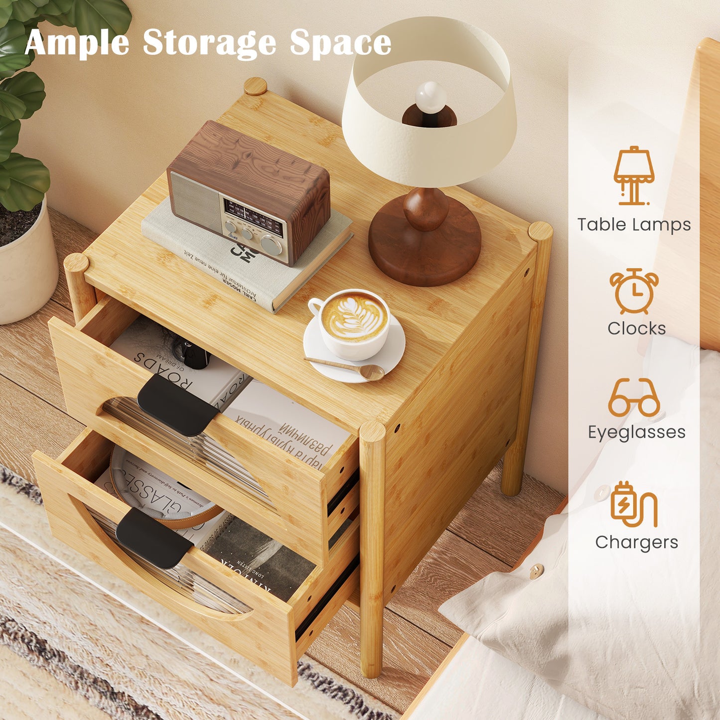 Set of 2 Bamboo Nightstand Mid-century Modern Bedside Table with 2 Storage Drawers-Natural