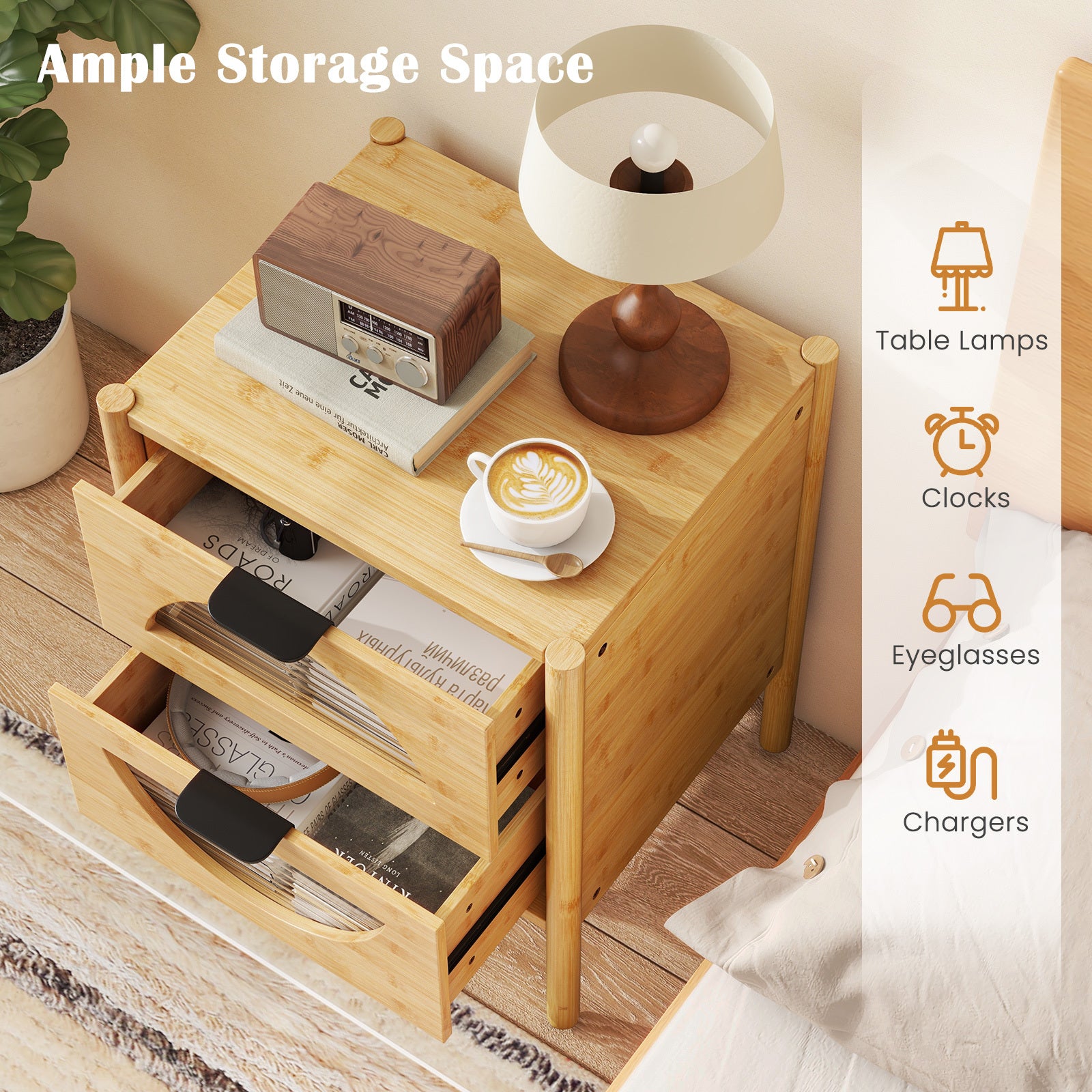 Set of 2 Bamboo Nightstand Mid-century Modern Bedside Table with 2 Storage Drawers-Natural