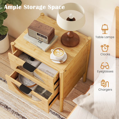 Set of 2 Bamboo Nightstand Mid-century Modern Bedside Table with 2 Storage Drawers-Natural