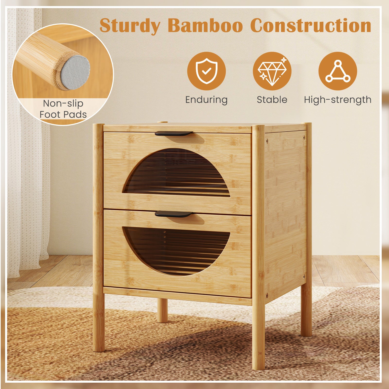 Set of 2 Bamboo Nightstand Mid-century Modern Bedside Table with 2 Storage Drawers-Natural