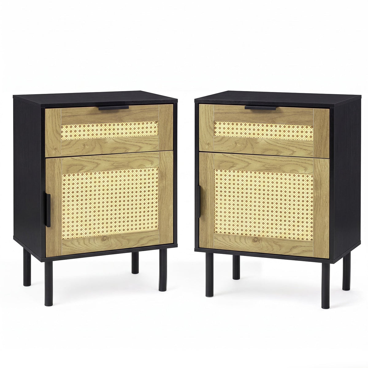 Set of 2 Bedside Table with Rattan-decorated Storage Drawer and Door Metal Legs-Black