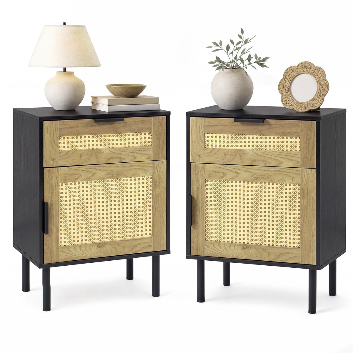 Set of 2 Bedside Table with Rattan-decorated Storage Drawer and Door Metal Legs-Black