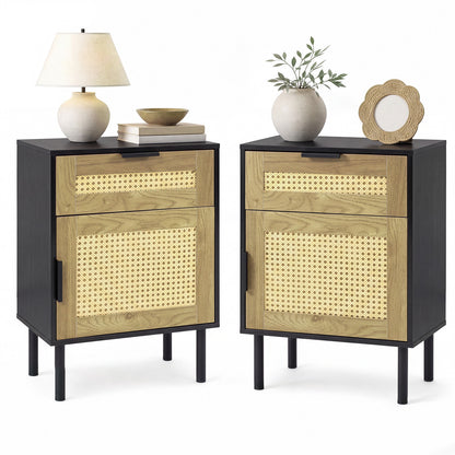Set of 2 Bedside Table with Rattan-decorated Storage Drawer and Door Metal Legs-Black