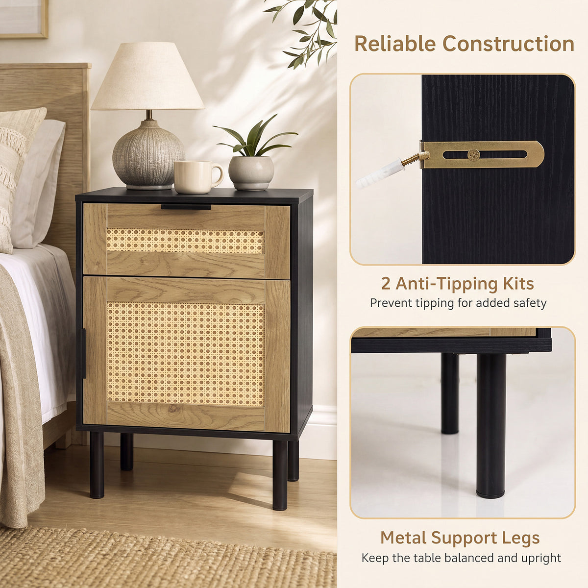 Set of 2 Bedside Table with Rattan-decorated Storage Drawer and Door Metal Legs-Black