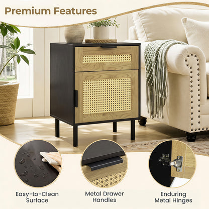 Set of 2 Bedside Table with Rattan-decorated Storage Drawer and Door Metal Legs-Black