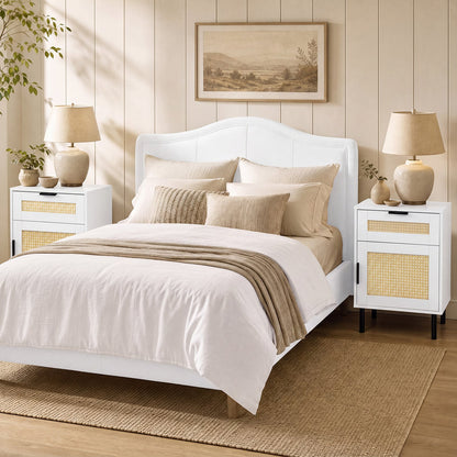 Set of 2 Bedside Table with Rattan-decorated Storage Drawer and Door Metal Legs-White