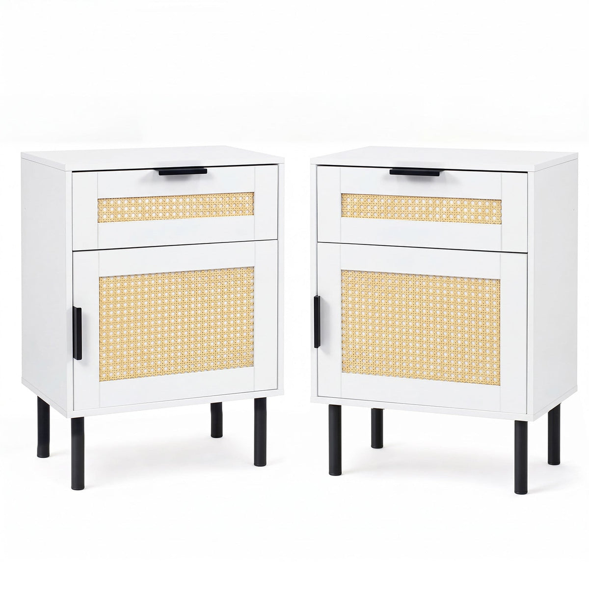 Set of 2 Bedside Table with Rattan-decorated Storage Drawer and Door Metal Legs-White