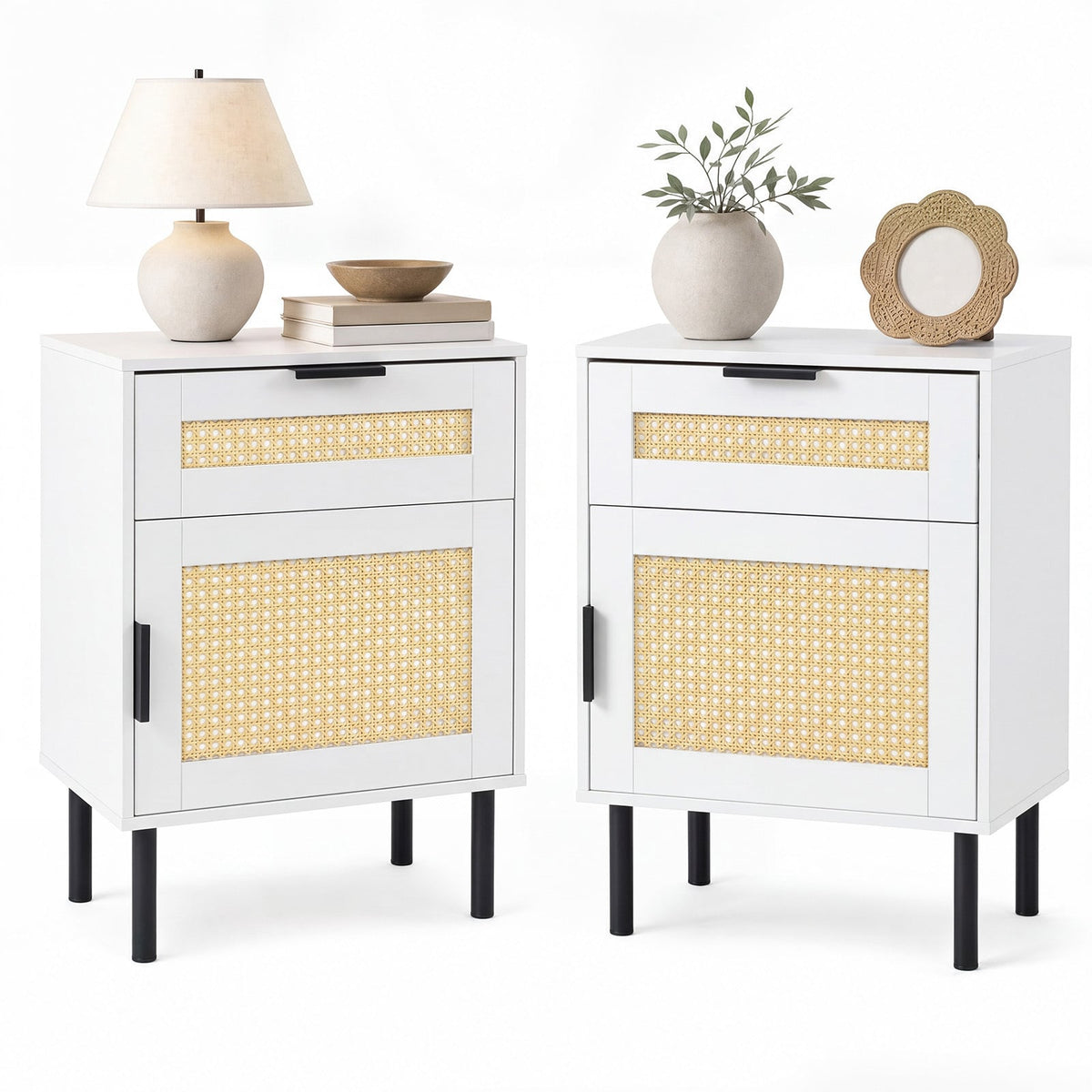 Set of 2 Bedside Table with Rattan-decorated Storage Drawer and Door Metal Legs-White