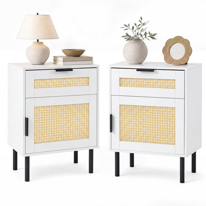 Set of 2 Bedside Table with Rattan-decorated Storage Drawer and Door Metal Legs-White