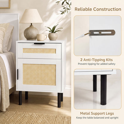 Set of 2 Bedside Table with Rattan-decorated Storage Drawer and Door Metal Legs-White