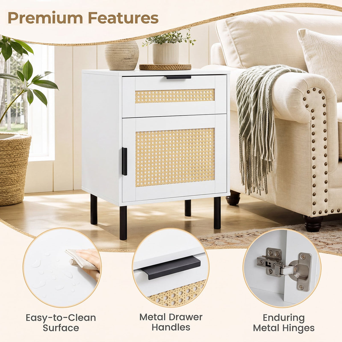 Set of 2 Bedside Table with Rattan-decorated Storage Drawer and Door Metal Legs-White