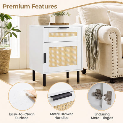 Set of 2 Bedside Table with Rattan-decorated Storage Drawer and Door Metal Legs-White