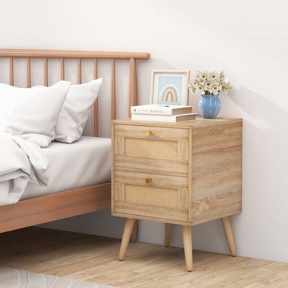 Set of 2 Boho Accent Rattan Nightstand Bedside Table with 2 Storage Drawers