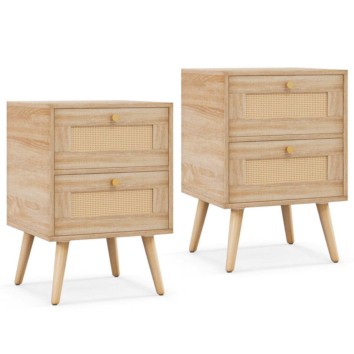 Set of 2 Boho Accent Rattan Nightstand Bedside Table with 2 Storage Drawers
