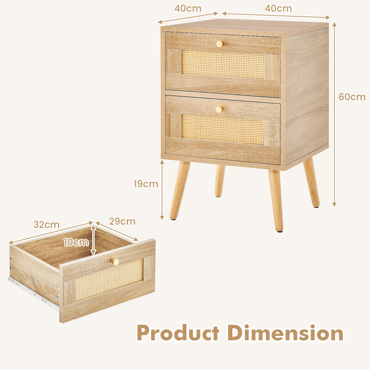Set of 2 Boho Accent Rattan Nightstand Bedside Table with 2 Storage Drawers