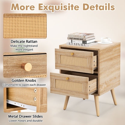 Set of 2 Boho Accent Rattan Nightstand Bedside Table with 2 Storage Drawers