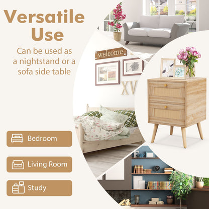 Set of 2 Boho Accent Rattan Nightstand Bedside Table with 2 Storage Drawers