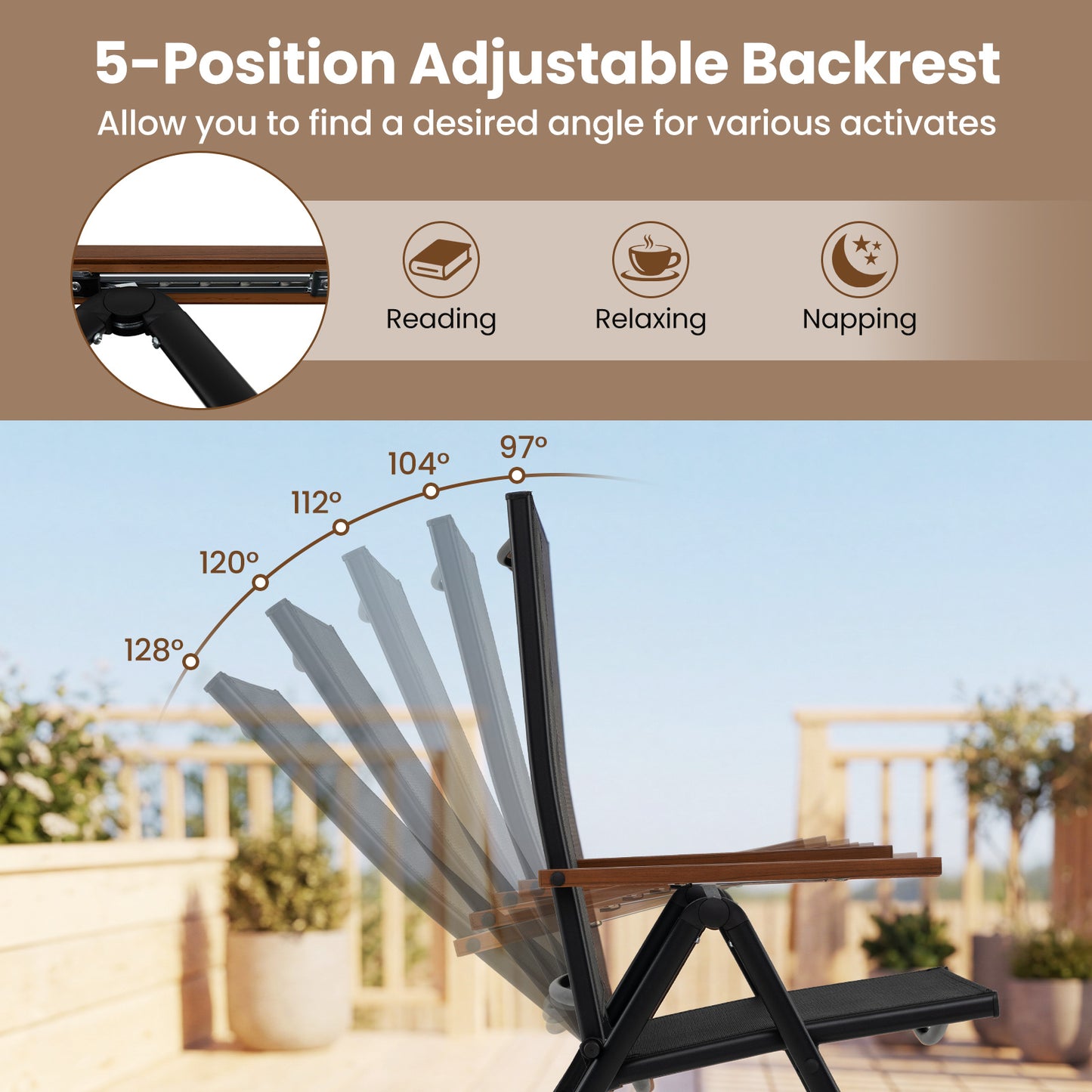 Set of 2 Breathable Fabric Folding Patio Chairs with 5-Position Adjustable Backrests-Black