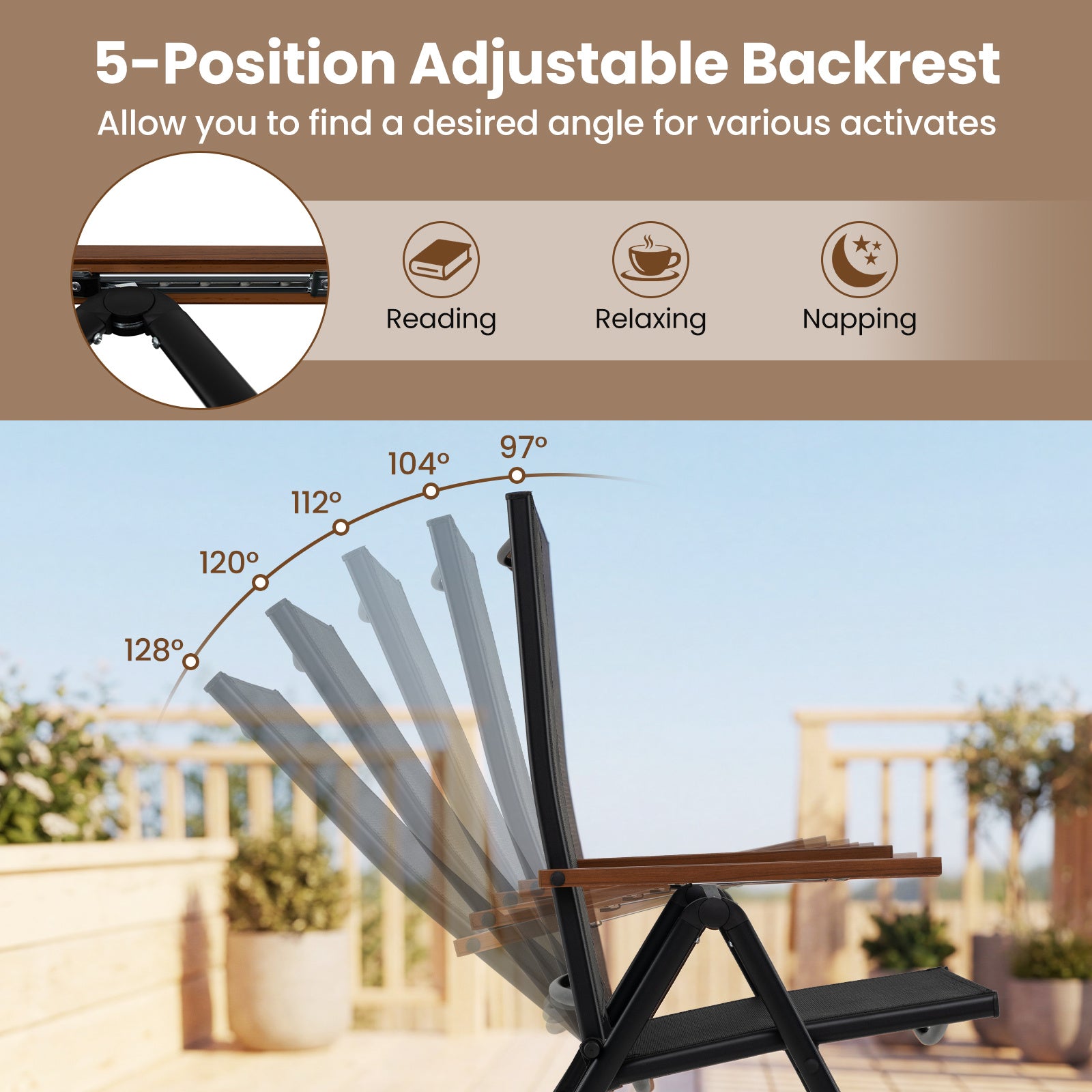 Set of 2 Breathable Fabric Folding Patio Chairs with 5-Position Adjustable Backrests-Black