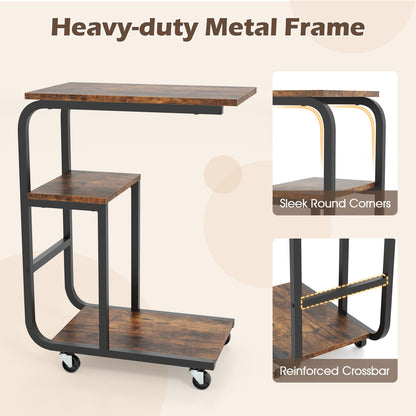 Set of 2 C-shaped End Table Space-saving Couch Table with Shelves-Rustic Brown