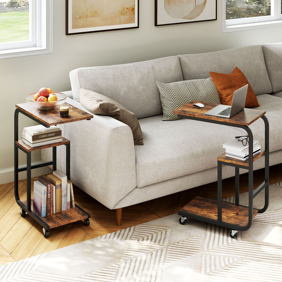 Set of 2 C-shaped End Table Space-saving Couch Table with Shelves-Rustic Brown