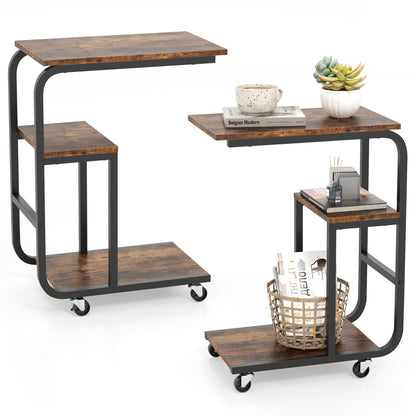 Set of 2 C-shaped End Table Space-saving Couch Table with Shelves-Rustic Brown