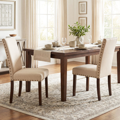Set of 2 Dining Chairs with High Back, and Solid Rubber Wood Legs-Beige