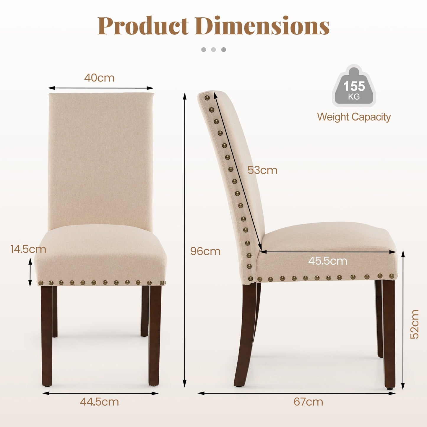 Set of 2 Dining Chairs with High Back, and Solid Rubber Wood Legs-Beige