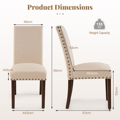 Set of 2 Dining Chairs with High Back, and Solid Rubber Wood Legs-Beige