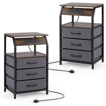Set of 2 End Table with Charging Station and 3 Fabric Drawers for Living Room