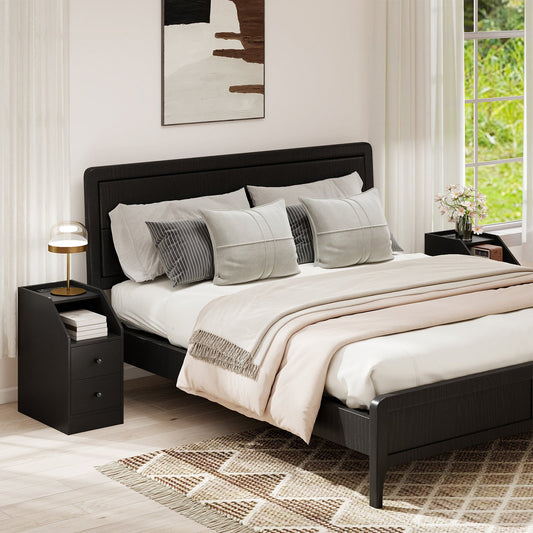 Set of 2 End Table with Charging Station and Storage Drawers for Small Space-Black